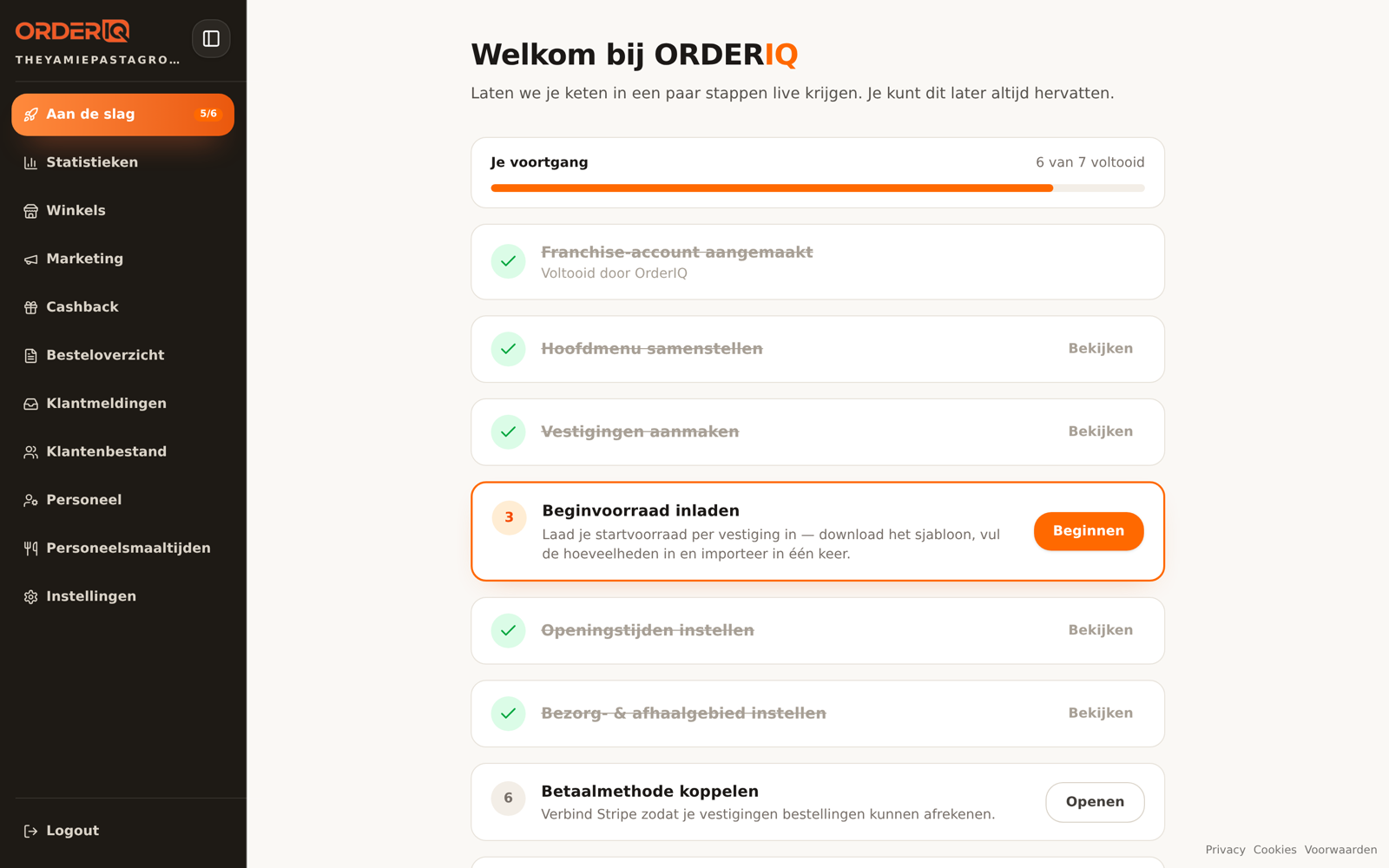 Onboarding checklist in OrderIQ